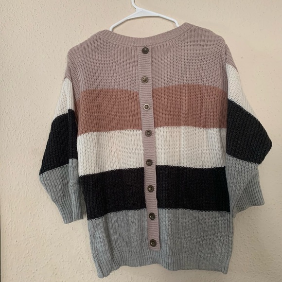 MISIA Striped Color Block Knit Sweater Womens Size M Gray Pink Button Back - Picture 3 of 11